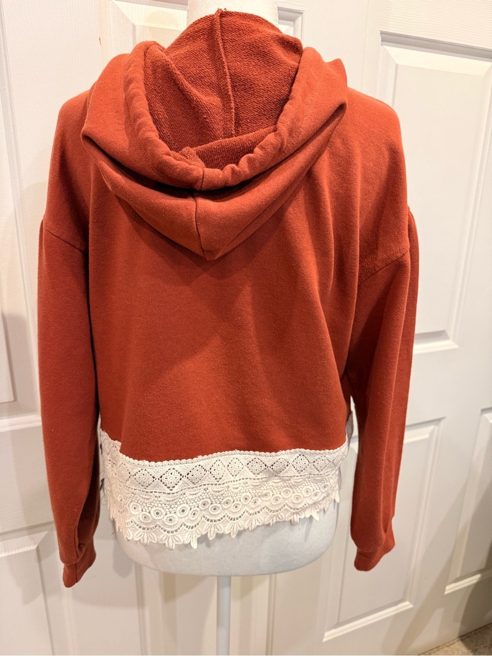 Upcycled Boho Patchwork Heart Crochet Hoodie Rust S OOAK - Picture 10 of 10